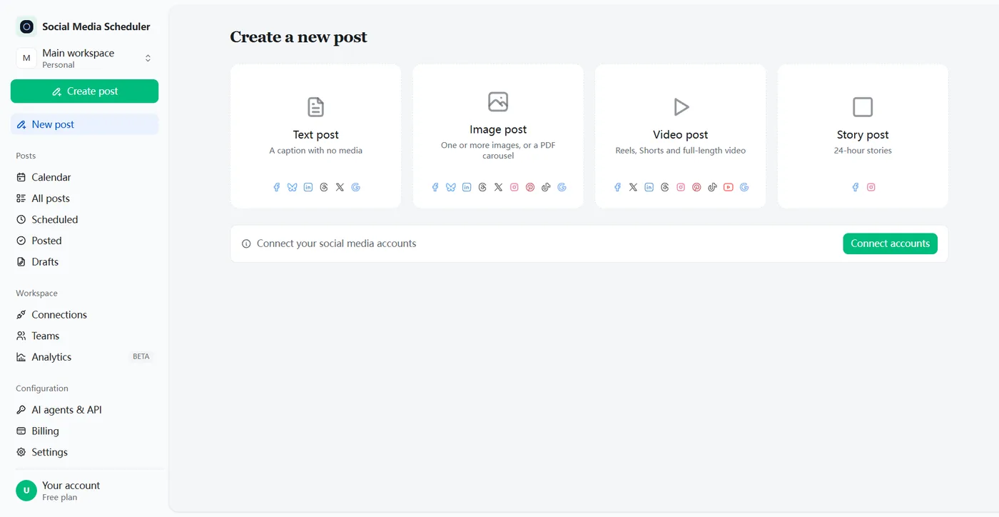 Create a new post screen where you choose a text, image or video post