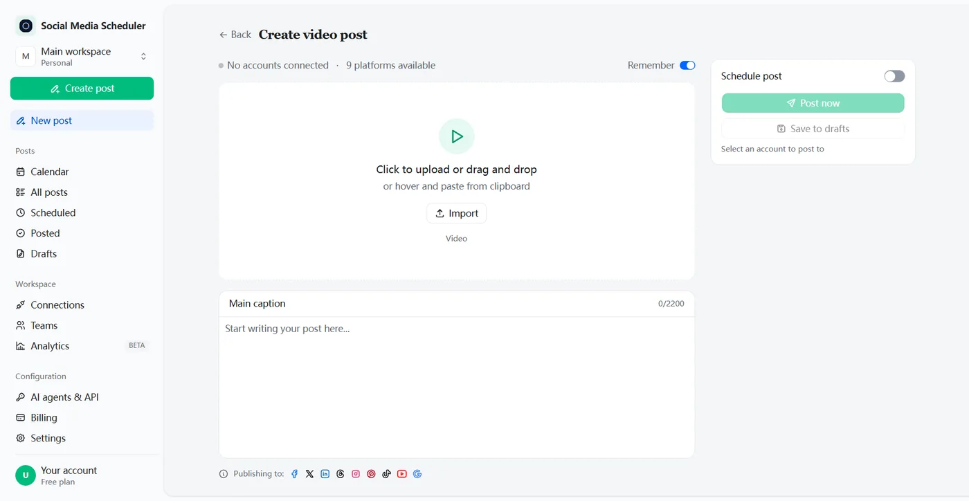 Instagram scheduler composer with the video upload area, the caption box and the schedule post switch