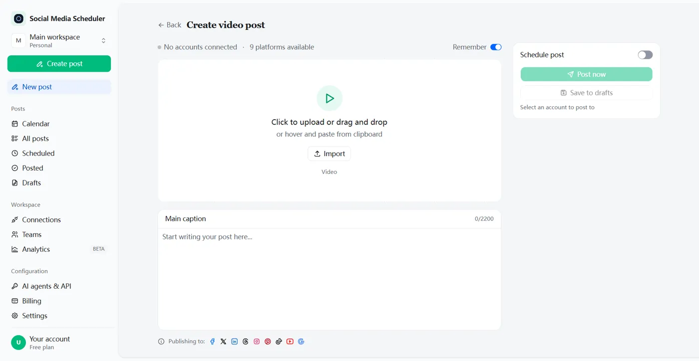 LinkedIn post scheduler composer with the caption box and the schedule post switch