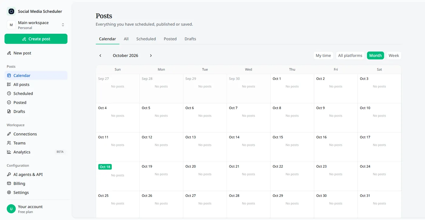 Monthly calendar of scheduled LinkedIn posts with Calendar, Scheduled, Posted and Drafts tabs