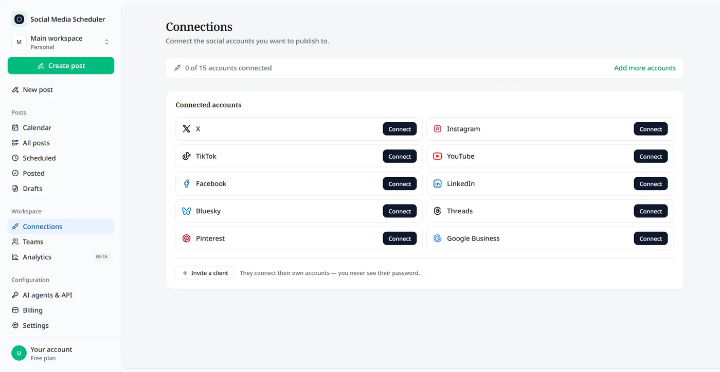 Connections page where you connect Pinterest next to Instagram, TikTok, YouTube and other networks